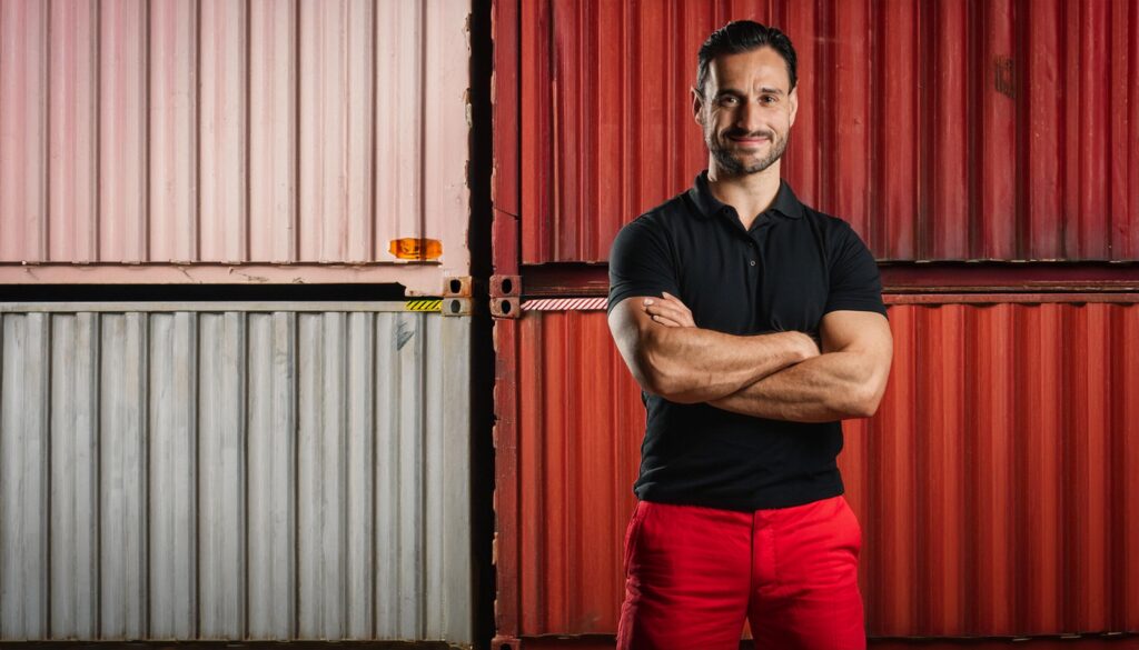 Mann i sort t-skjorte og røde bukser står foran røde og grå lagercontainere med armene i kors.