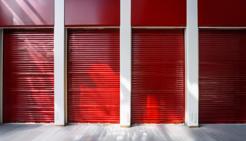 Tre røde metallporter på et lagerbygg med hvite søyler og sollys som reflekteres på veggen.
