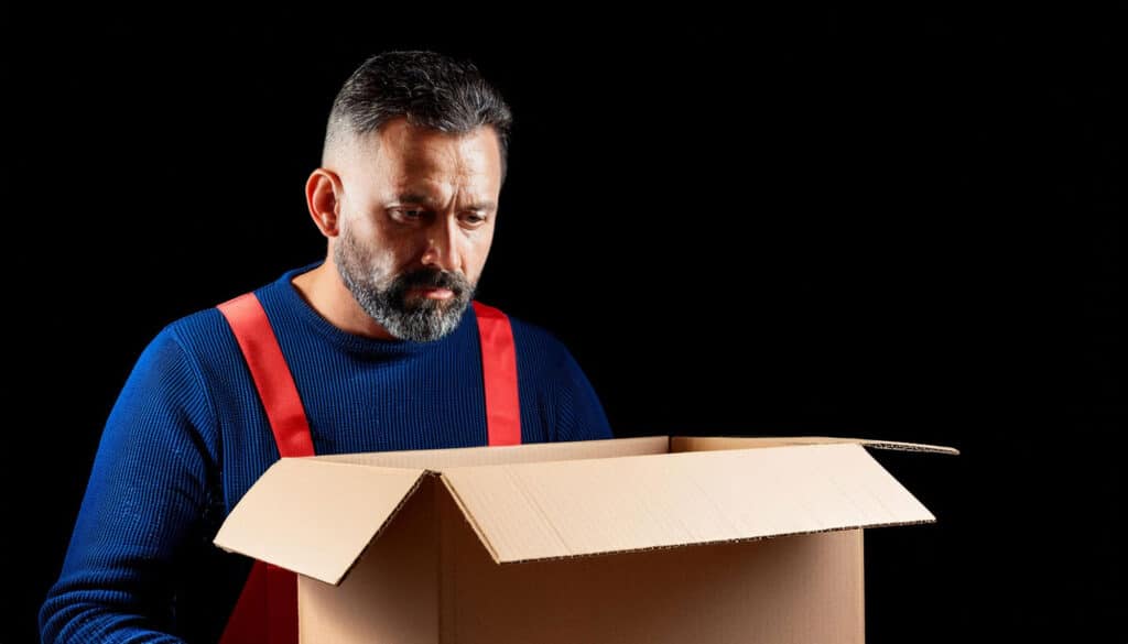 Mann i blå genser med røde bukseseler ser ned i en tom pappeske mot svart bakgrunn.