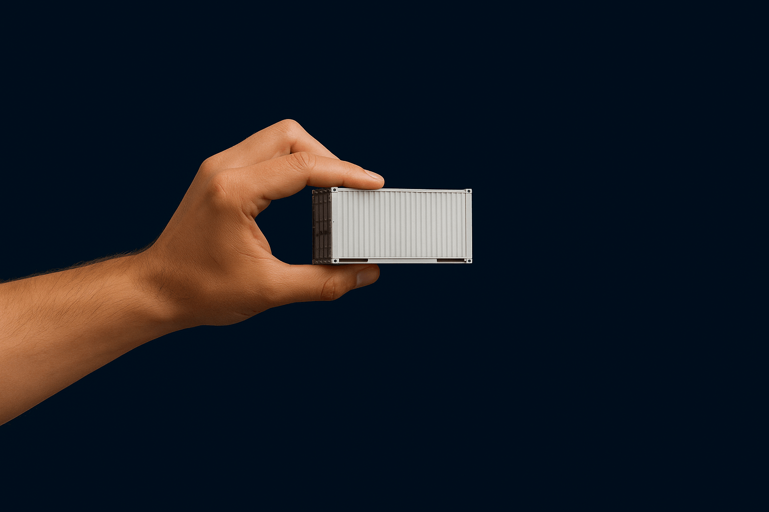 En hånd som holder en liten modell av en fraktcontainer foran mørk bakgrunn.