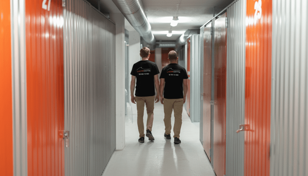 To personer går i en lagerkorridor mellom oransje lagerboder