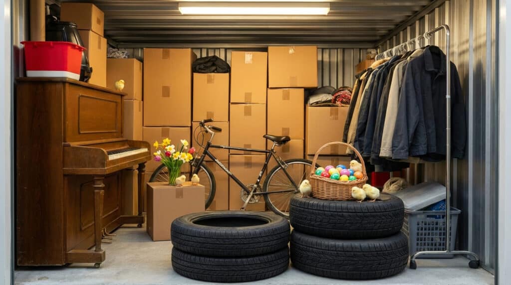 Lagerbod med pappesker, sykkel, dekk og påskepynt med fargerike egg og påskeliljer