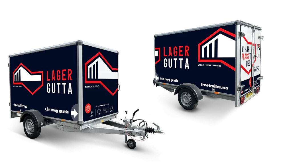 To lukkede skaphengere med Lagergutta-logo og freetrailer.no sett fra siden og bak, mot hvit bakgrunn.