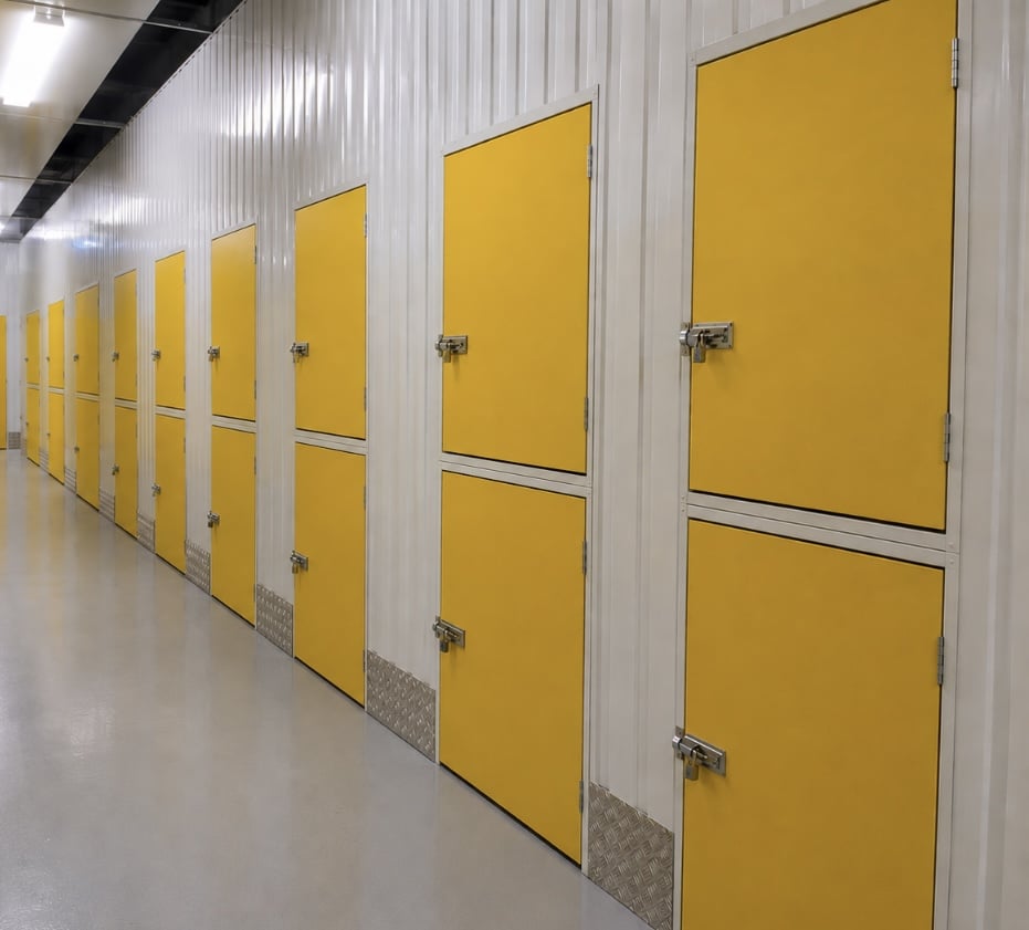 Rad med gule locker-skap i lageranlegg med hvite vegger og solide låsbeslag på hvert skap.